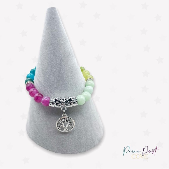 Tree of Life Chalcedony Crystal Bead Stretch Bracelet - Picture 3 of 5